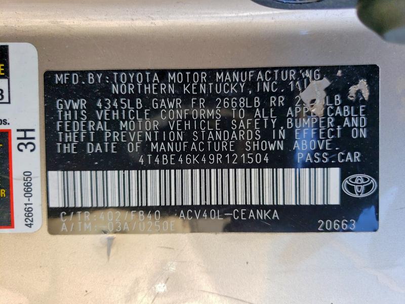 Aukcja sprzedaży 2009 Toyota Camry, vin: 4T4BE46K49R121504, numer aukcji: 49089006
