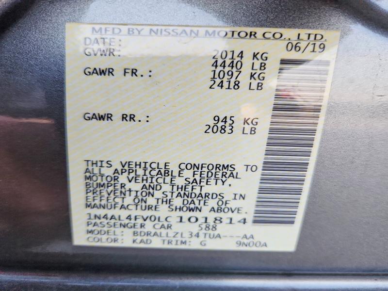 50093766 :رقم المزاد ، 1N4AL4FV0LC101814 vin ، 2020 Nissan Altima مزاد بيع