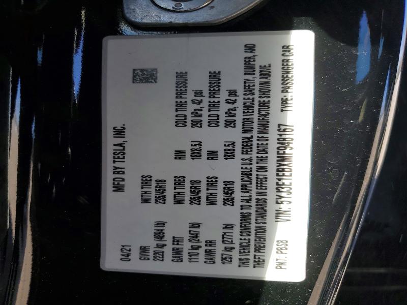 Aukcja sprzedaży 2021 Tesla Model 3, vin: 5YJ3E1EBXMF948167, numer aukcji: 48933766