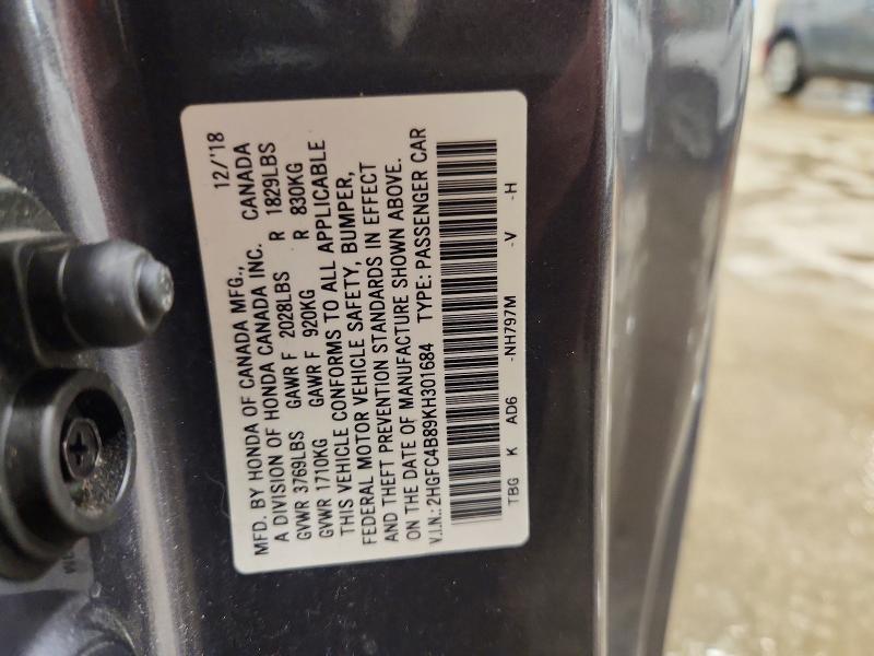 2019 Honda Civic მანქანა იყიდება აუქციონზე, vin: 2HGFC4B89KH301684, აუქციონის ნომერი: 49108406