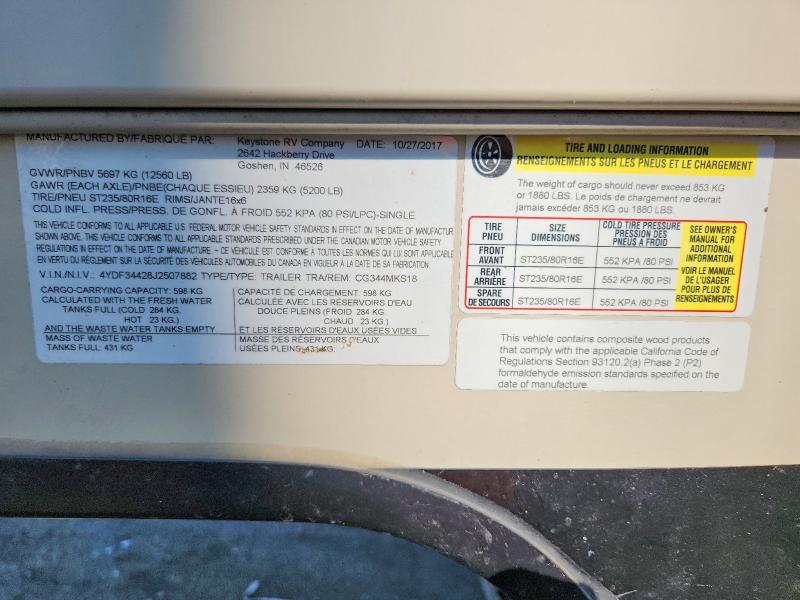 Aukcja sprzedaży 2018 Keystone Cougar, vin: 4YDF34428J2507882, numer aukcji: 49085226