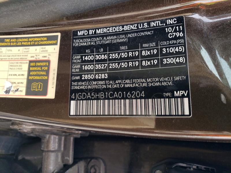 Продажа на аукционе авто 2012 Mercedes-benz Ml, vin: 4JGDA5HB1CA016204, номер лота: 51671496