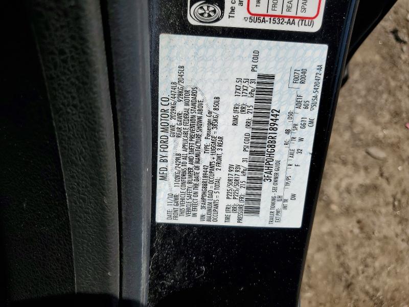 2011 Ford Fusion მანქანა იყიდება აუქციონზე, vin: 3FAHP0HG8BR189442, აუქციონის ნომერი: 50641586