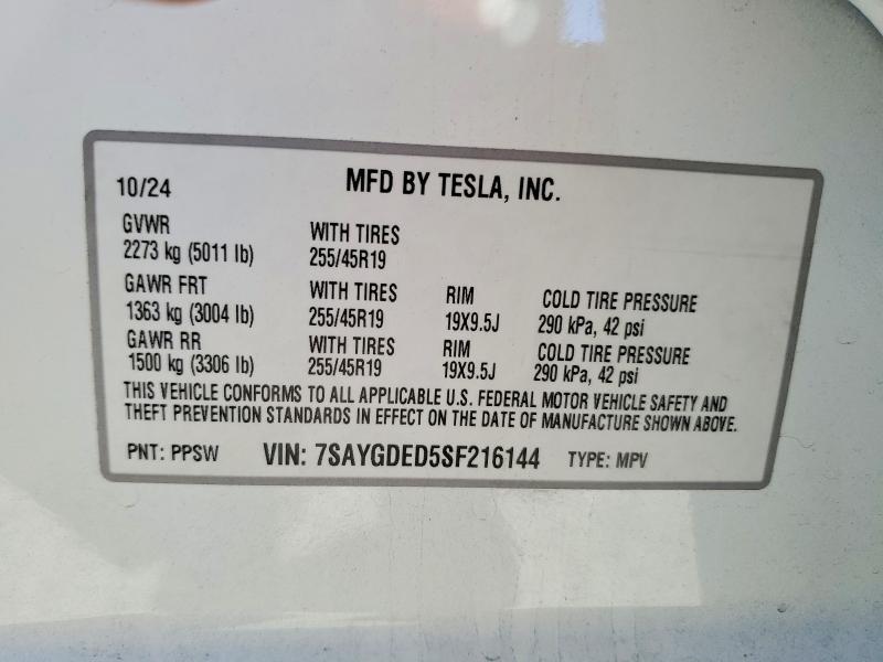 Продаж на аукціоні авто 2025 Tesla Model Y, vin: 7SAYGDED5SF216144, номер лоту: 47925976