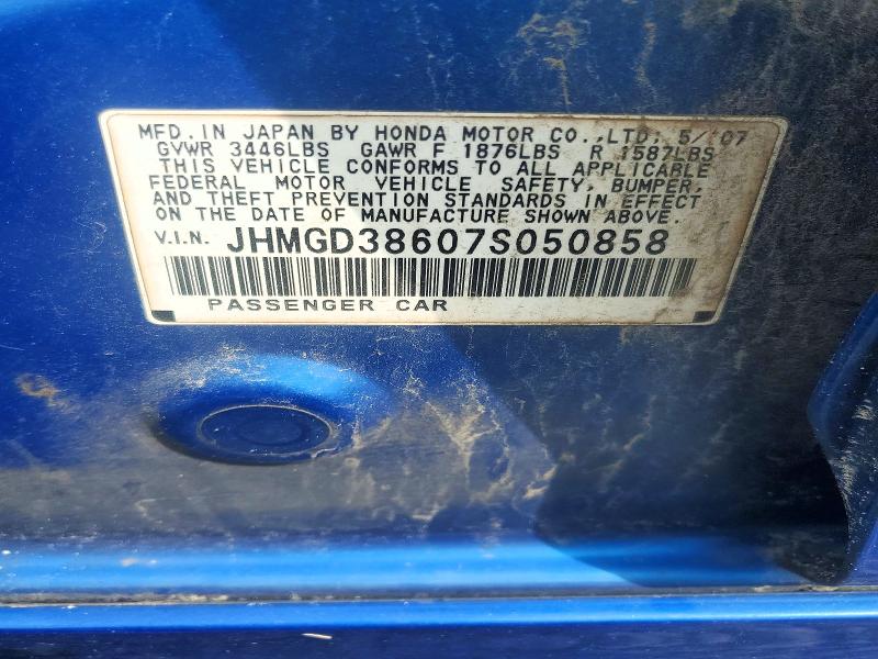 2007 Honda Fit მანქანა იყიდება აუქციონზე, vin: JHMGD38607S050858, აუქციონის ნომერი: 51184736