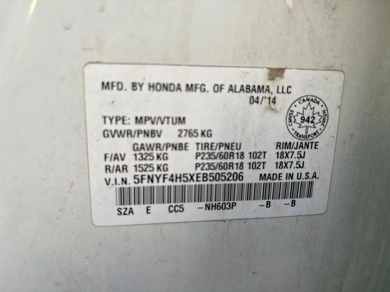 Продажа на аукционе авто 2014 Honda Pilot, vin: 5FNYF4H5XEB505206, номер лота: 49032706