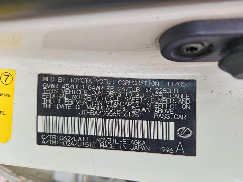 2006 Lexus Es მანქანა იყიდება აუქციონზე, vin: JTHBA30G565161751, აუქციონის ნომერი: 51306536