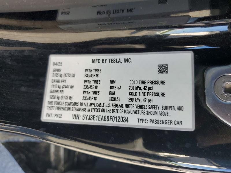 50994416 :رقم المزاد ، 5YJ3E1EA6SF012034 vin ، 2025 Tesla Model 3 مزاد بيع
