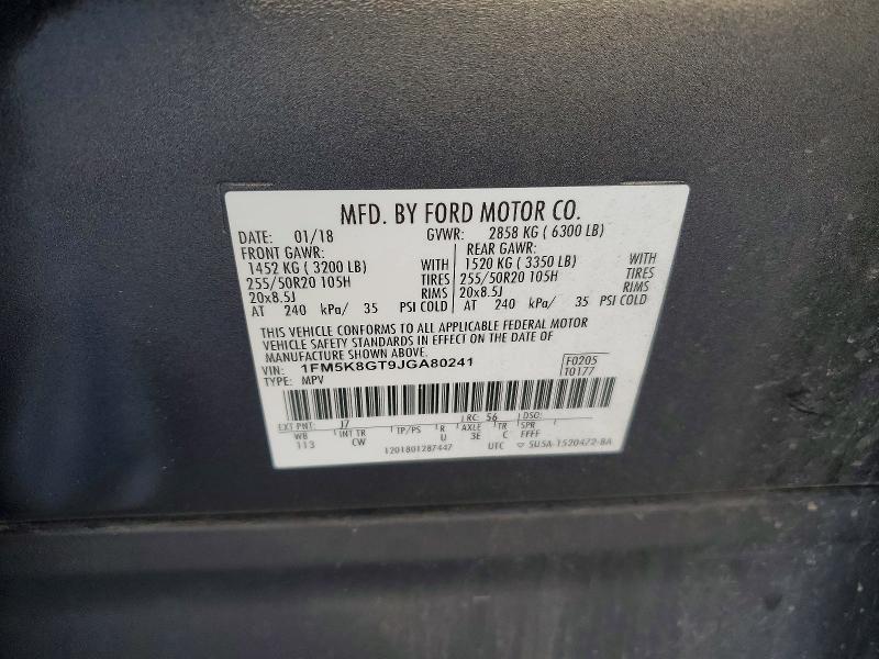 52067956 :رقم المزاد ، 1FM5K8GT9JGA80241 vin ، 2018 Ford Explorer مزاد بيع