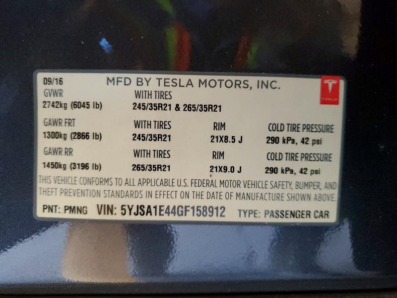 Продаж на аукціоні авто 2016 Tesla Model S, vin: 5YJSA1E44GF158912, номер лоту: 49756576