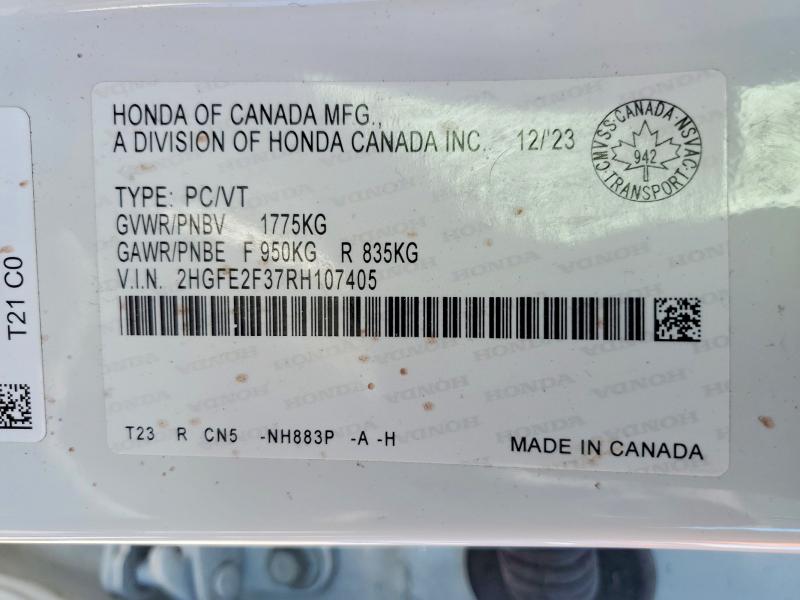Продаж на аукціоні авто 2024 Honda Civic, vin: 2HGFE2F37RH107405, номер лоту: 50181556