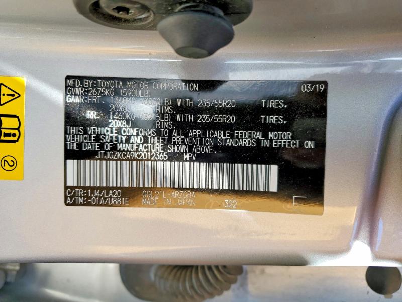 2019 Lexus Rx მანქანა იყიდება აუქციონზე, vin: JTJGZKCA9K2012365, აუქციონის ნომერი: 51040436