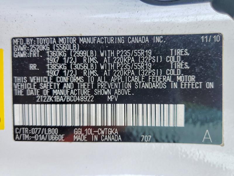 51085226 :رقم المزاد ، 2T2ZK1BA7BC048922 vin ، 2011 Lexus Rx مزاد بيع