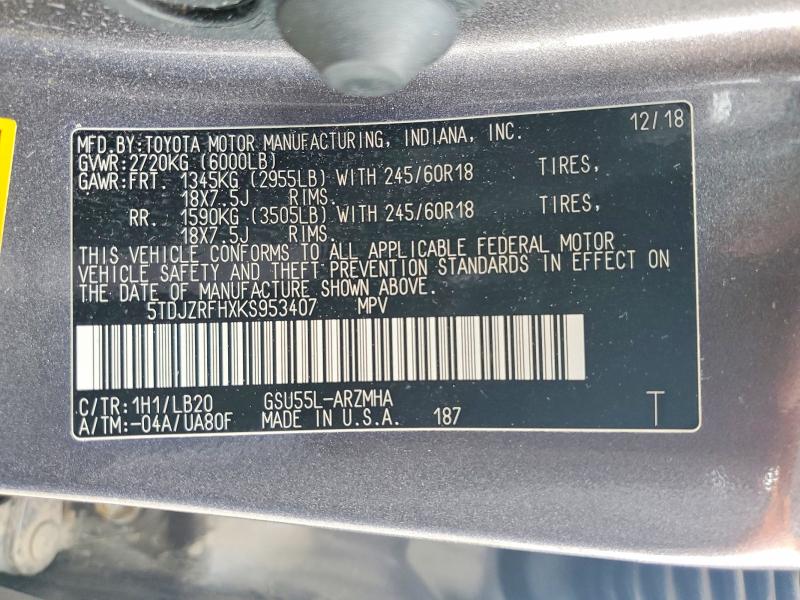 50766466 :رقم المزاد ، 5TDJZRFHXKS953407 vin ، 2019 Toyota Highlander مزاد بيع