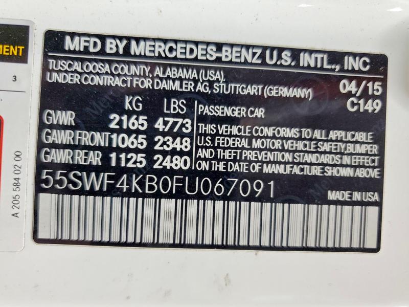49897136 :رقم المزاد ، 55SWF4KB0FU067091 vin ، 2015 Mercedes-benz C مزاد بيع