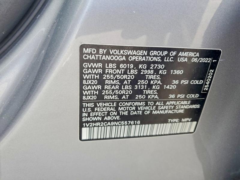 Aukcja sprzedaży 2022 Volkswagen Atlas, vin: 1V2HR2CA9NC557616, numer aukcji: 48766376