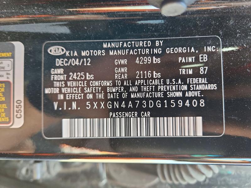 2013 Kia Optima მანქანა იყიდება აუქციონზე, vin: 5XXGN4A73DG159408, აუქციონის ნომერი: 50854096