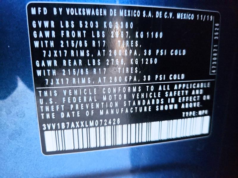 2020 Volkswagen Tiguan მანქანა იყიდება აუქციონზე, vin: 3VV1B7AXXLM072426, აუქციონის ნომერი: 48768866