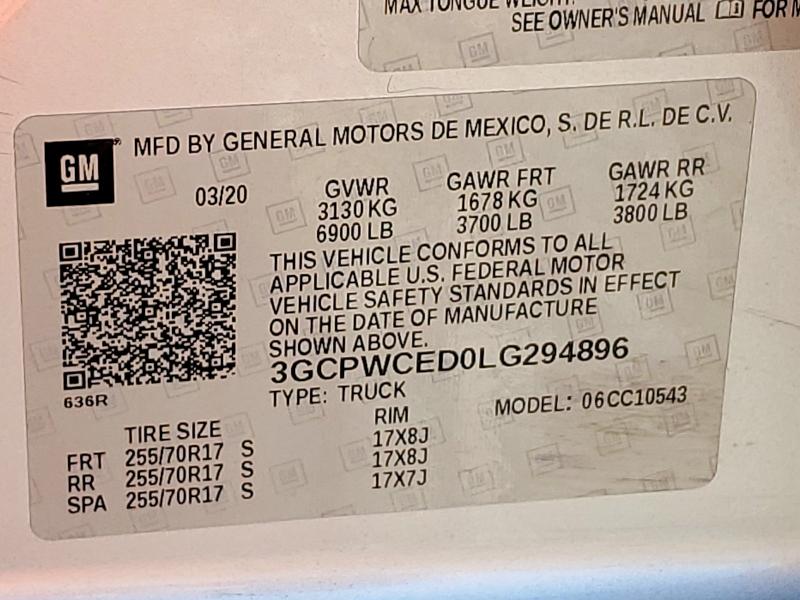 51676736 :رقم المزاد ، 3GCPWCED0LG294896 vin ، 2020 Chevrolet Silverado مزاد بيع