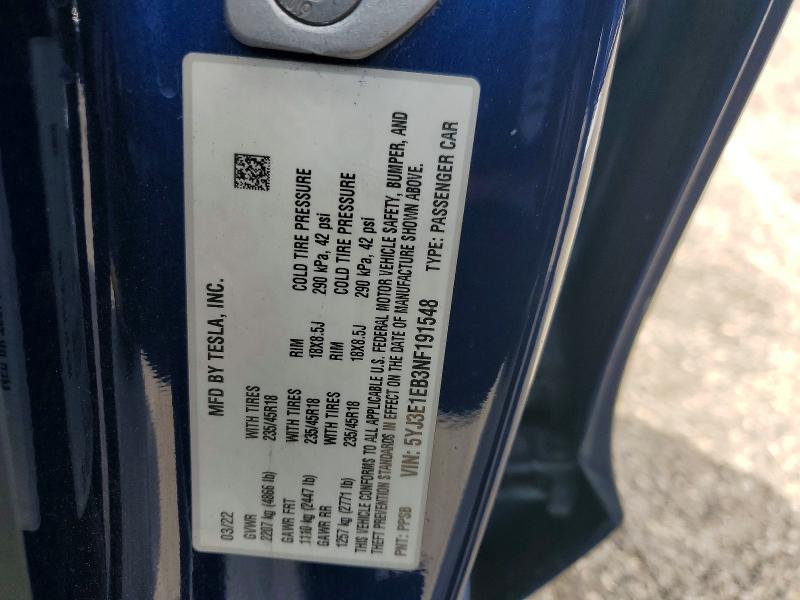 50439516 :رقم المزاد ، 5YJ3E1EB3NF191548 vin ، 2022 Tesla Model 3 مزاد بيع