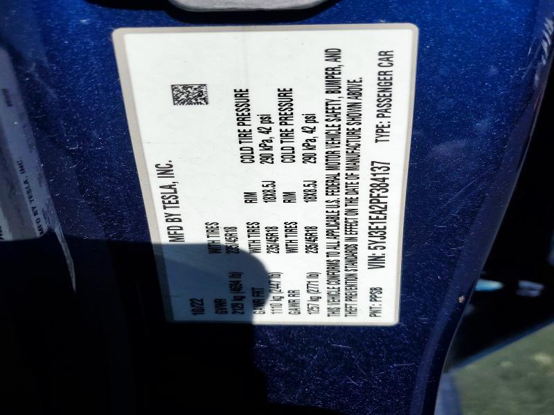 51153196 :رقم المزاد ، 5YJ3E1EA2PF384137 vin ، 2023 Tesla Model 3 مزاد بيع