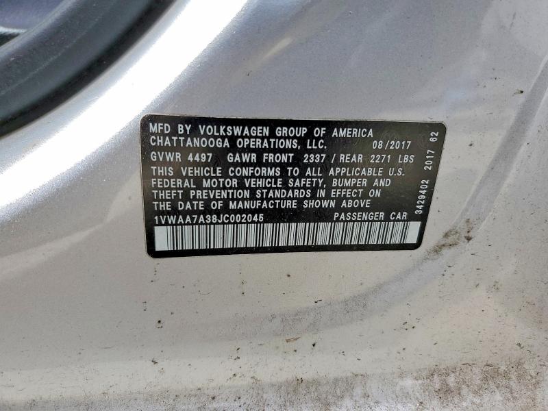 2018 Volkswagen Passat მანქანა იყიდება აუქციონზე, vin: 1VWAA7A38JC002045, აუქციონის ნომერი: 50458636
