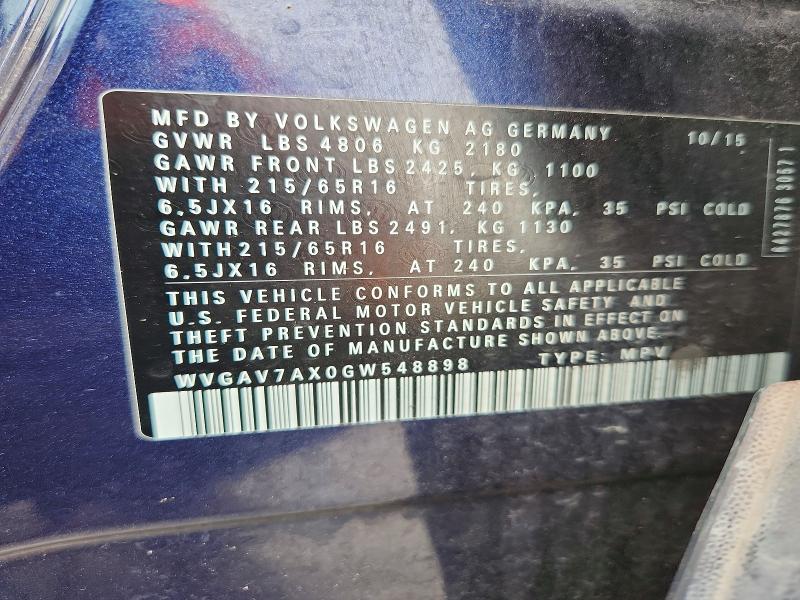48963126 :رقم المزاد ، WVGAV7AX0GW548898 vin ، 2016 Volkswagen Tiguan مزاد بيع