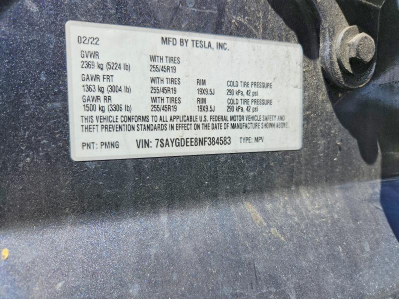 51858536 :رقم المزاد ، 7SAYGDEE8NF384583 vin ، 2022 Tesla Model Y مزاد بيع