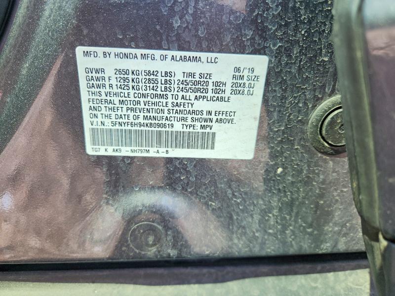 2019 Honda Pilot მანქანა იყიდება აუქციონზე, vin: 5FNYF6H94KB090619, აუქციონის ნომერი: 50523806