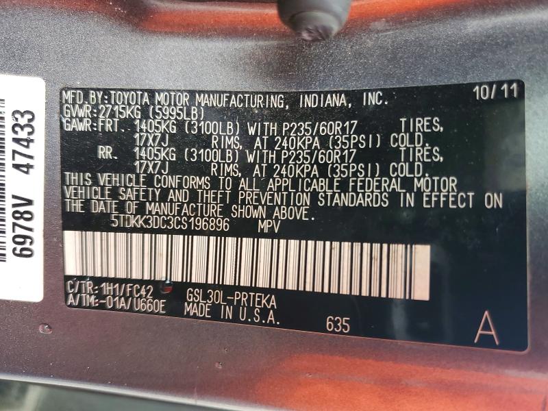 Продаж на аукціоні авто 2012 Toyota Sienna, vin: 5TDKK3DC3CS196896, номер лоту: 50406676