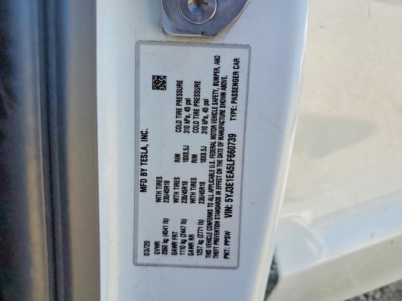 49160916 :رقم المزاد ، 5YJ3E1EA5LF660739 vin ، 2020 Tesla Model 3 مزاد بيع