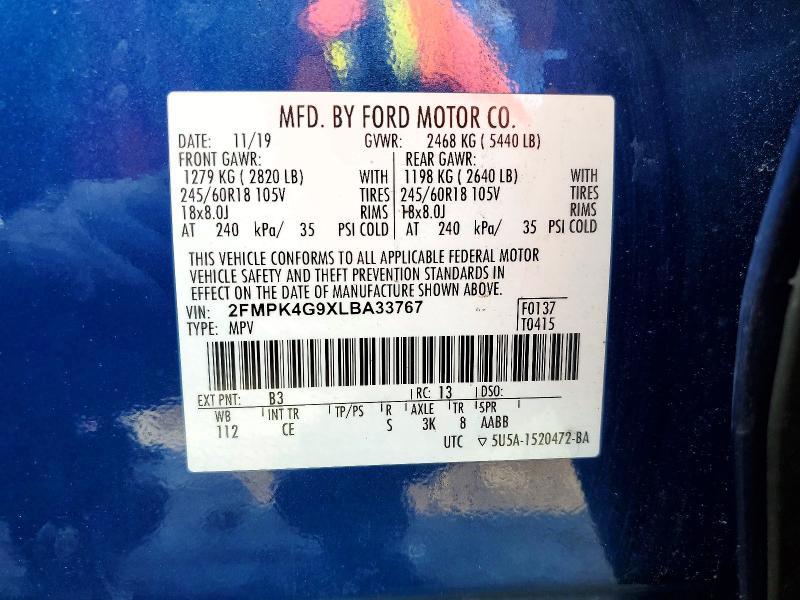 Продаж на аукціоні авто 2020 Ford Edge, vin: 2FMPK4G9XLBA33767, номер лоту: 41630946