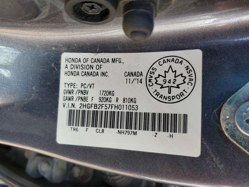 49342306 :رقم المزاد ، 2HGFB2F57FH011053 vin ، 2015 Honda Civic مزاد بيع