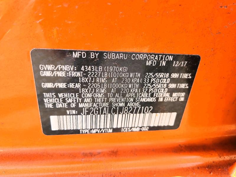 Aukcja sprzedaży 2018 Subaru Crosstrek, vin: JF2GTALC1J8277102, numer aukcji: 51624726