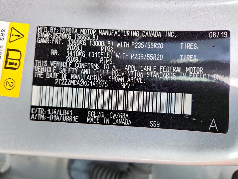 48291056 :رقم المزاد ، 2T2ZZMCA2KC149975 vin ، 2019 Lexus Rx 350 مزاد بيع