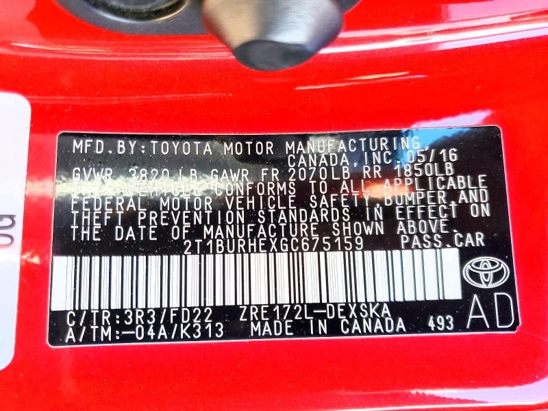 51296586 :رقم المزاد ، 2T1BURHEXGC675159 vin ، 2016 Toyota Corolla مزاد بيع