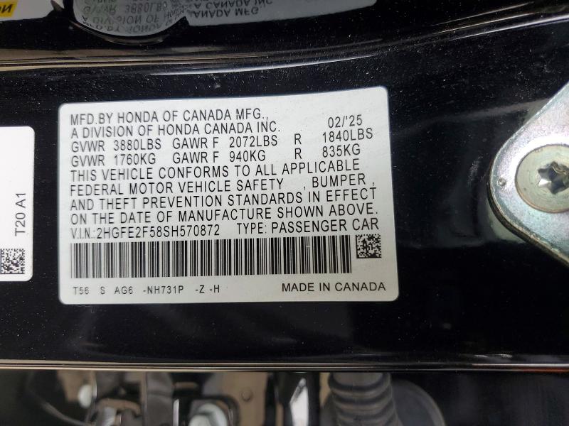 Aukcja sprzedaży 2025 Honda Civic, vin: 2HGFE2F58SH570872, numer aukcji: 49422636