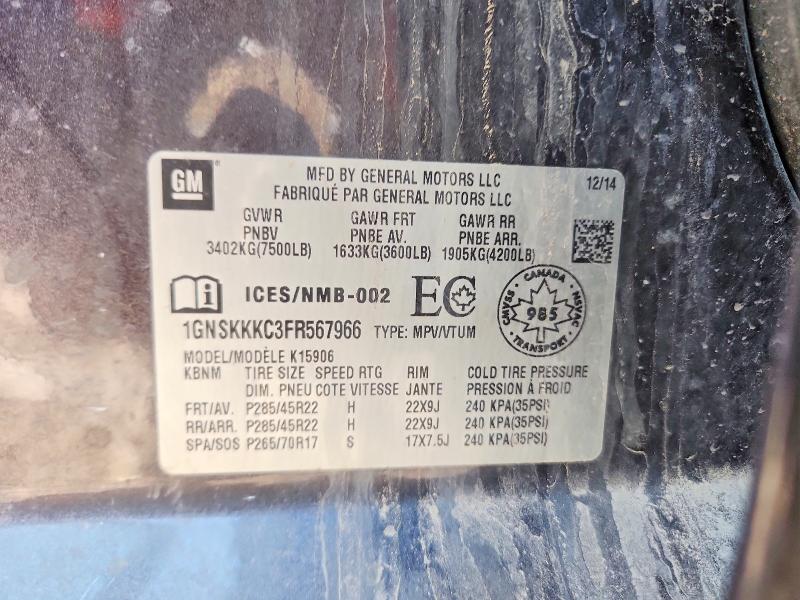 2015 Chev Suburban მანქანა იყიდება აუქციონზე, vin: 1GNSKKKC3FR567966, აუქციონის ნომერი: 50674956