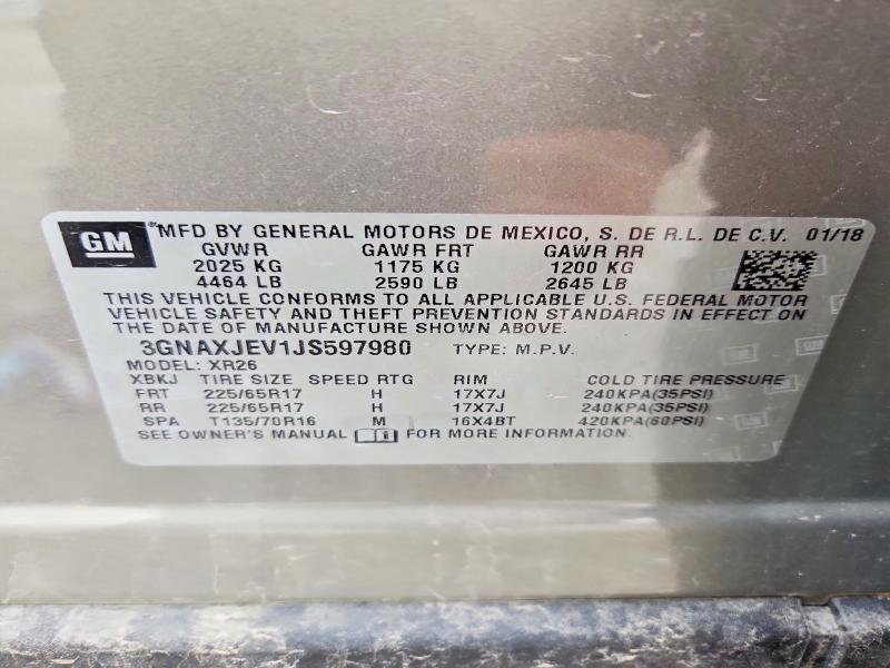 Aukcja sprzedaży 2018 Chevrolet Equinox, vin: 3GNAXJEV1JS597980, numer aukcji: 50829556