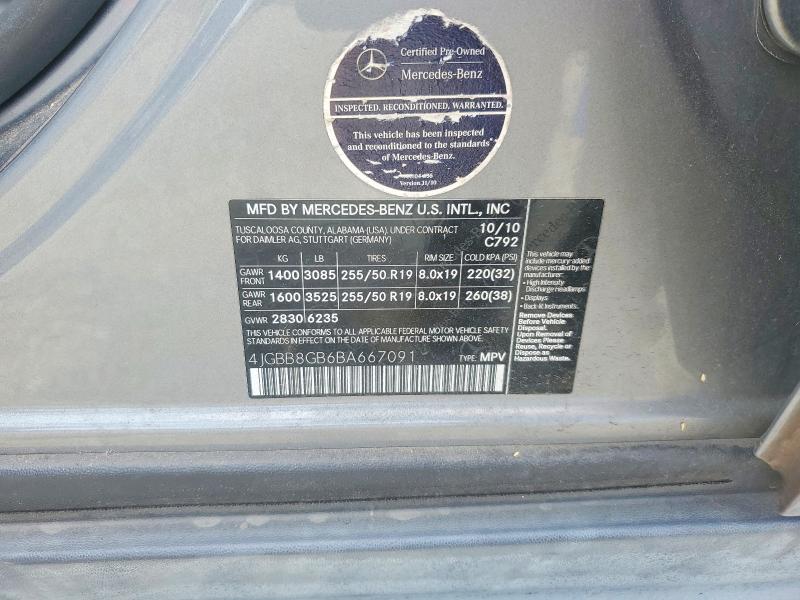 50967446 :رقم المزاد ، 4JGBB8GB6BA667091 vin ، 2011 Mercedes-benz Ml مزاد بيع