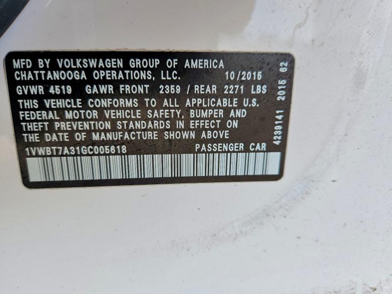 2016 Volkswagen Passat მანქანა იყიდება აუქციონზე, vin: 1VWBT7A31GC005618, აუქციონის ნომერი: 51001516