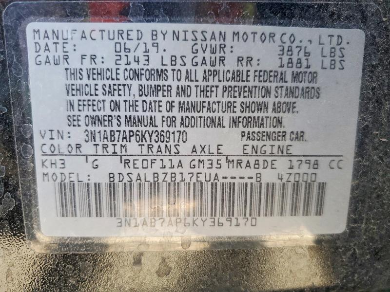 Продаж на аукціоні авто 2019 Nissan Sentra, vin: 3N1AB7AP6KY369170, номер лоту: 49645346