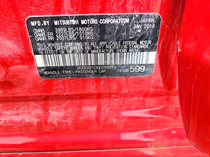 Продаж на аукціоні авто 2016 Mitsubishi Lancer, vin: JA32U2FU3GU008999, номер лоту: 50003916