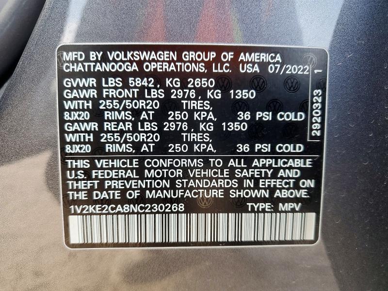 Aukcja sprzedaży 2022 Volkswagen Atlas Cross Sport, vin: 1V2KE2CA8NC230268, numer aukcji: 50920016