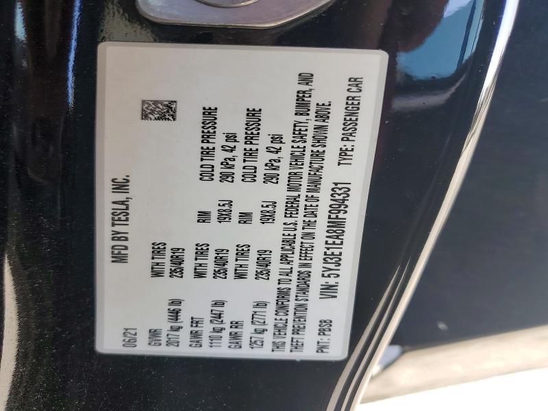 2021 Tesla Model 3 მანქანა იყიდება აუქციონზე, vin: 5YJ3E1EA8MF994331, აუქციონის ნომერი: 49682076