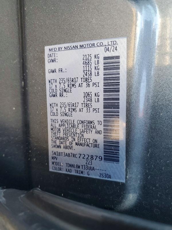 2024 Nissan Rogue მანქანა იყიდება აუქციონზე, vin: 5N1BT3AB7RC722879, აუქციონის ნომერი: 48879126