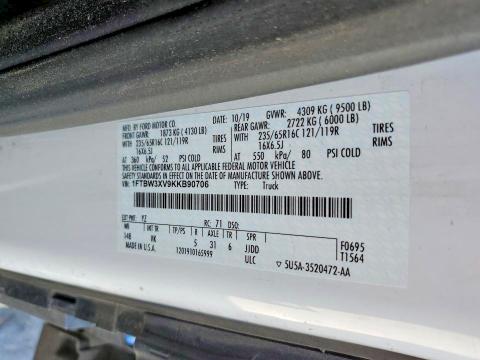 54465044 :رقم المزاد ، 1FTBW3XV9KKB90706 vin ، 2019 Ford Transit مزاد بيع