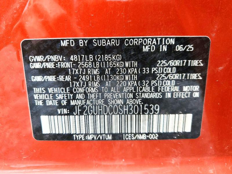 2025 Subaru Crosstrek მანქანა იყიდება აუქციონზე, vin: JF2GUHDC0SH301539, აუქციონის ნომერი: 48470536