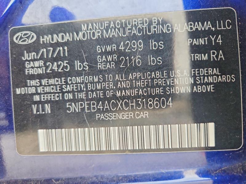 2012 Hyundai Sonata მანქანა იყიდება აუქციონზე, vin: 5NPEB4ACXCH318604, აუქციონის ნომერი: 50856986