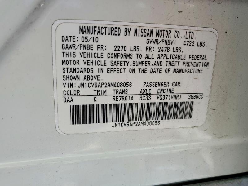 50291896 :رقم المزاد ، JN1CV6AP2AM408056 vin ، 2010 Infiniti G37 Sedan مزاد بيع